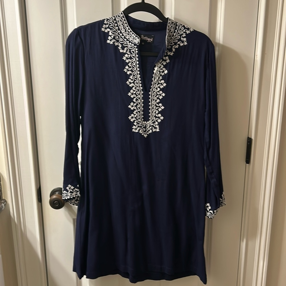 Liza Byrd dress, navy with white embroidery, size small, long sleeve,fully lined